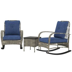 3 Pieces Wicker Patio Furniture Set, Outdoor PE Rattan Rocking Chairs with Coffee Table, Cushions for Porch, Garden Gray